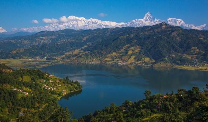 Beautiful view of Fewa Lake at Pokhara from Peace Pagoda