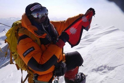 Nepal's flag at Summit of Mt. Dhaulagiri